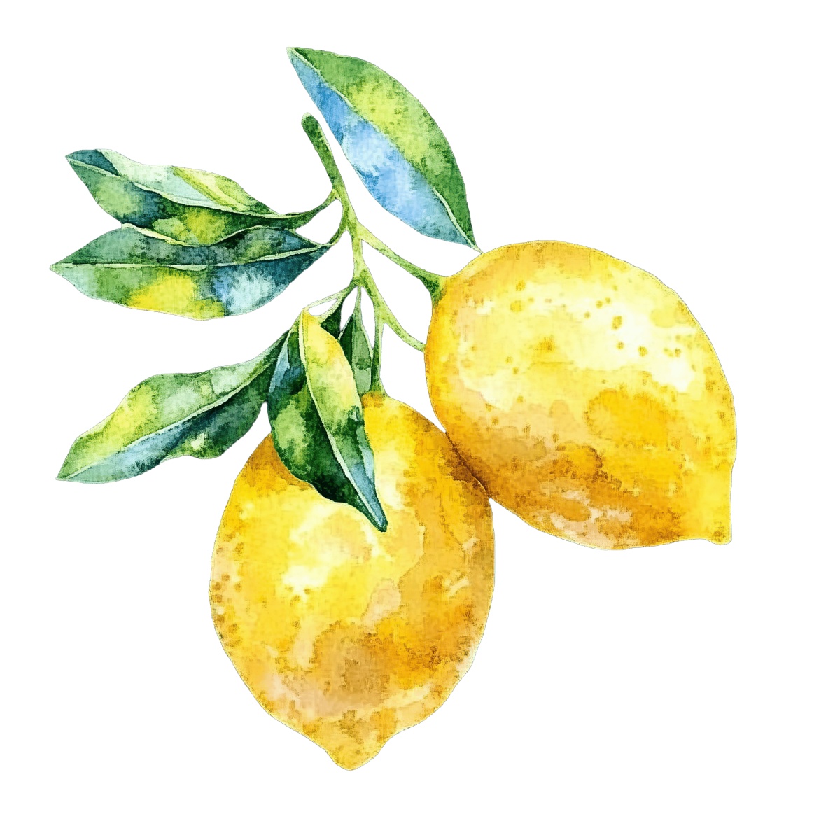Watercolor lemons with green leaves on a branch.