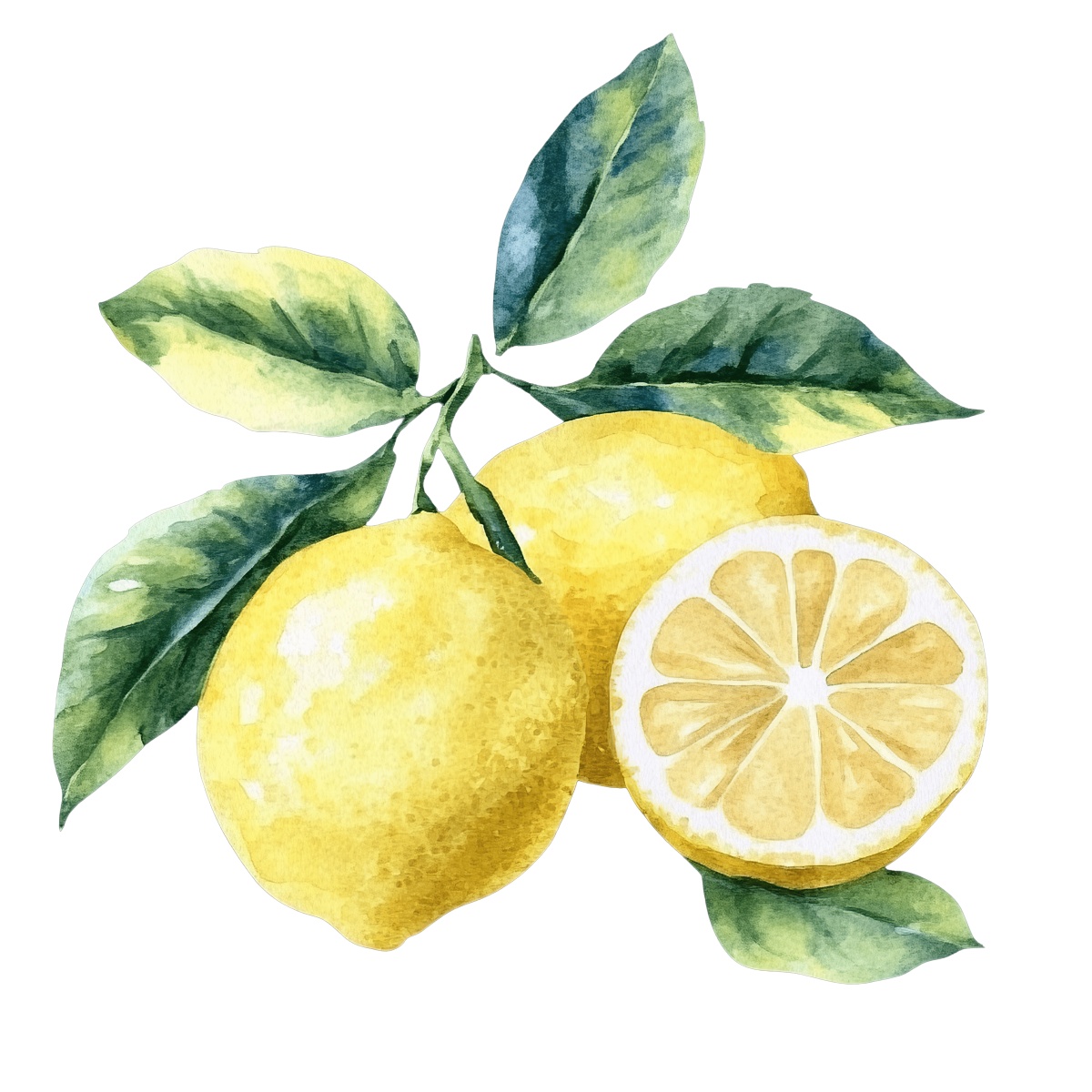Watercolor lemons with leaves and a sliced half in vibrant colors.