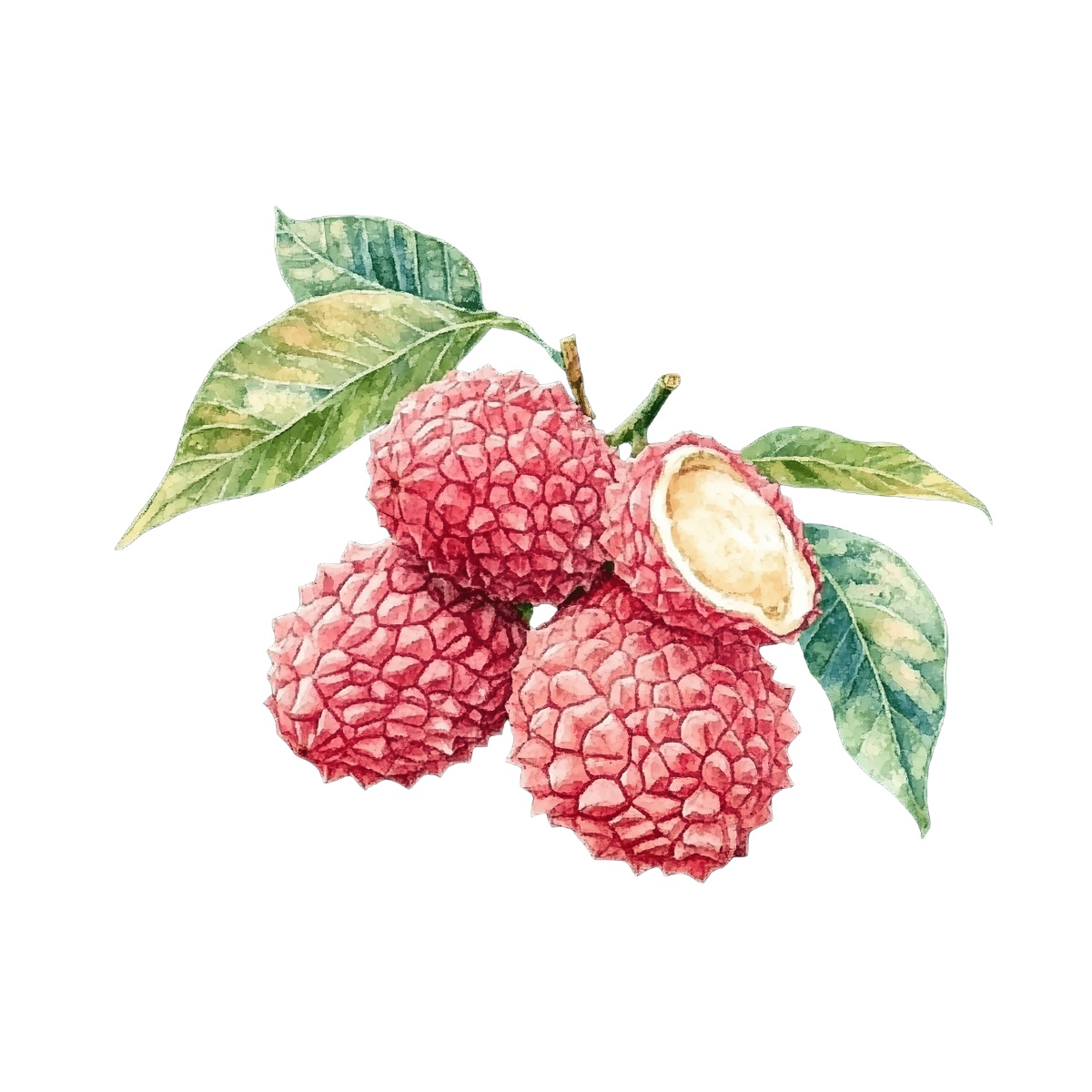 Watercolor art of lychee fruit cluster with green leaves.