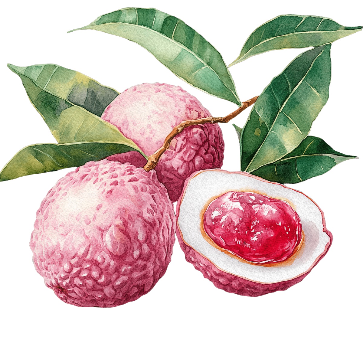 Watercolor lychee fruits with green leaves and an opened half.