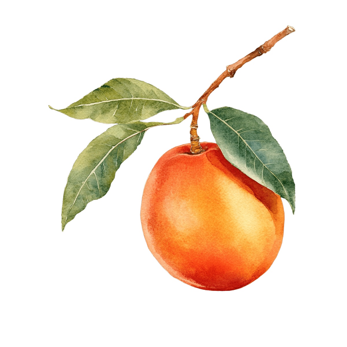 Watercolor mango with leaves on a branch, vibrant and detailed.