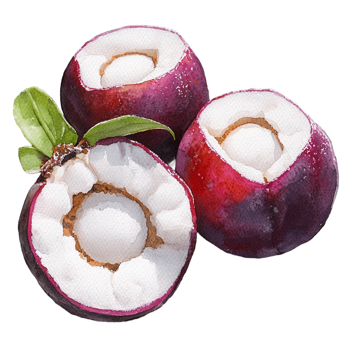Watercolor art of whole and halved mangosteen fruits with leaves.