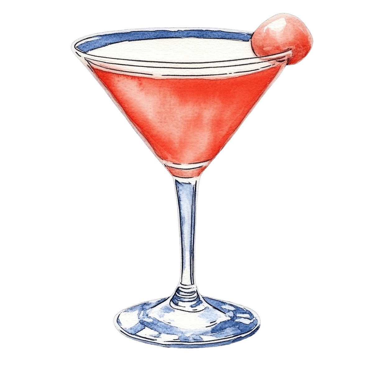 Martini glass with red cocktail and cherry garnish in watercolor style.