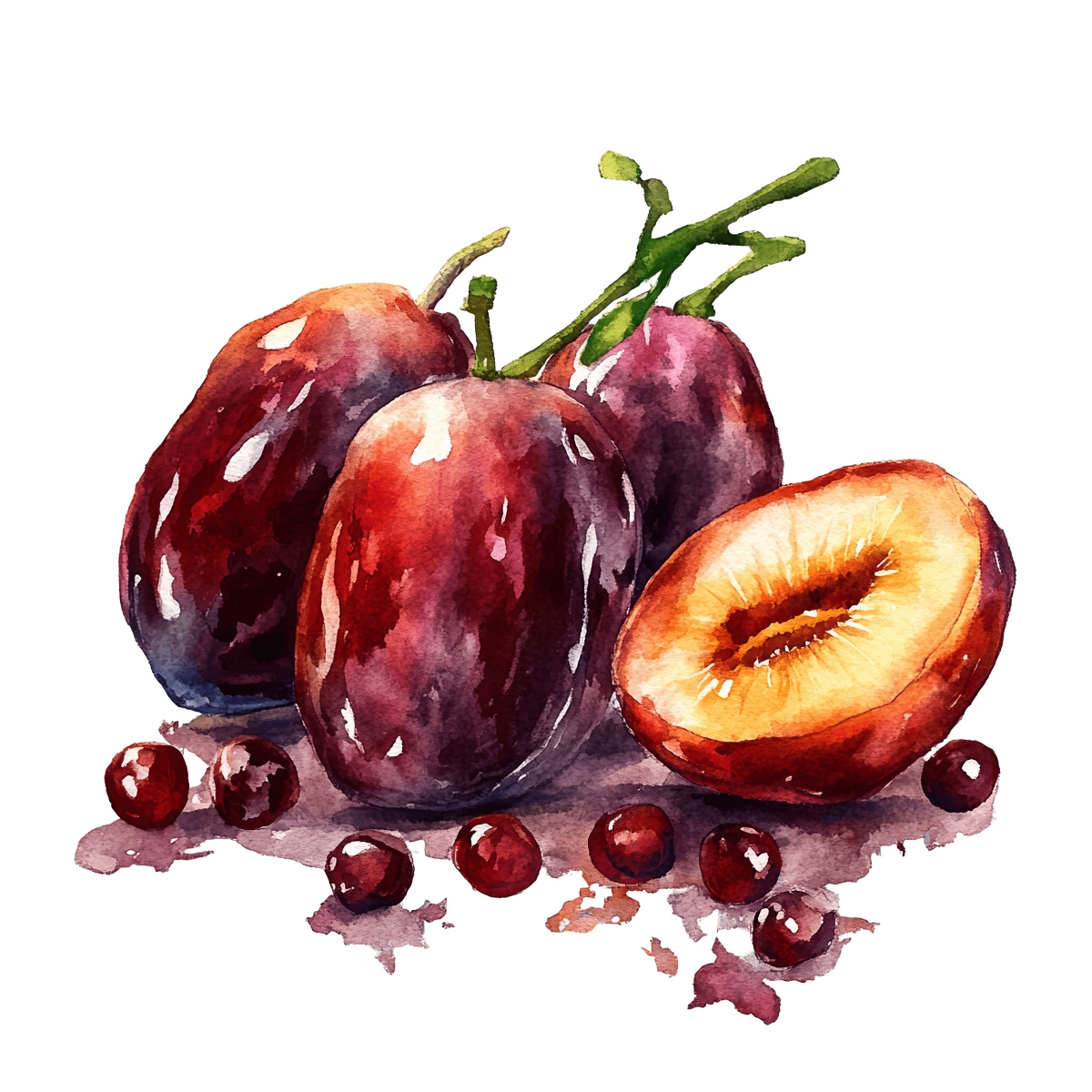 Watercolor Medjool dates with halved fruit and scattered berries.