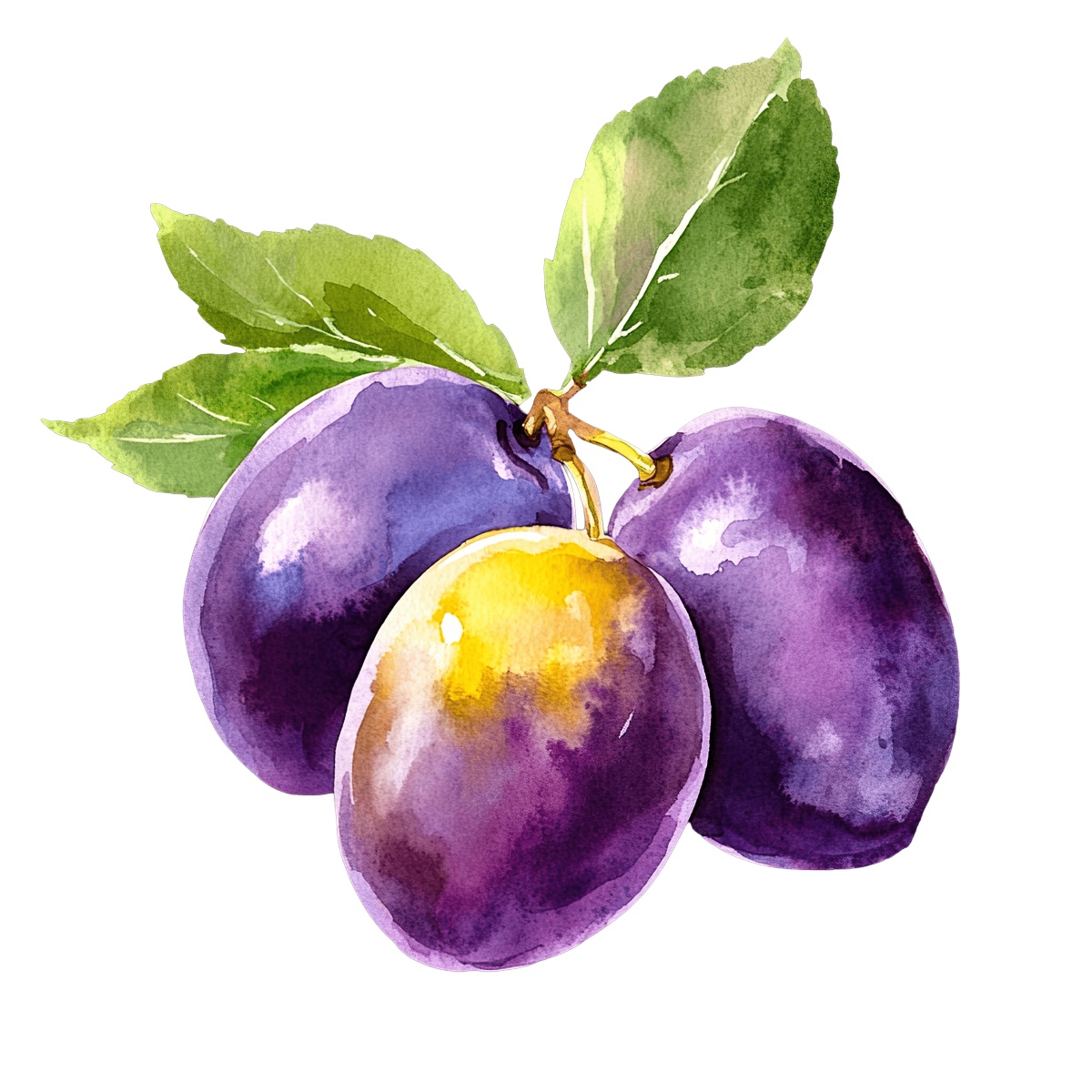 Watercolor image of mirabelle plums with green leaves.
