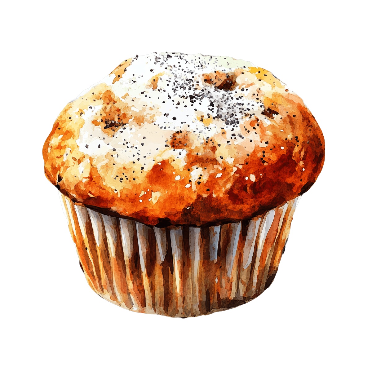 Watercolor muffin with poppy seeds and sugar topping on top.