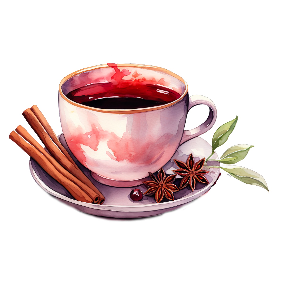 Watercolor depiction of a mug filled with mulled wine, surrounded by spices.