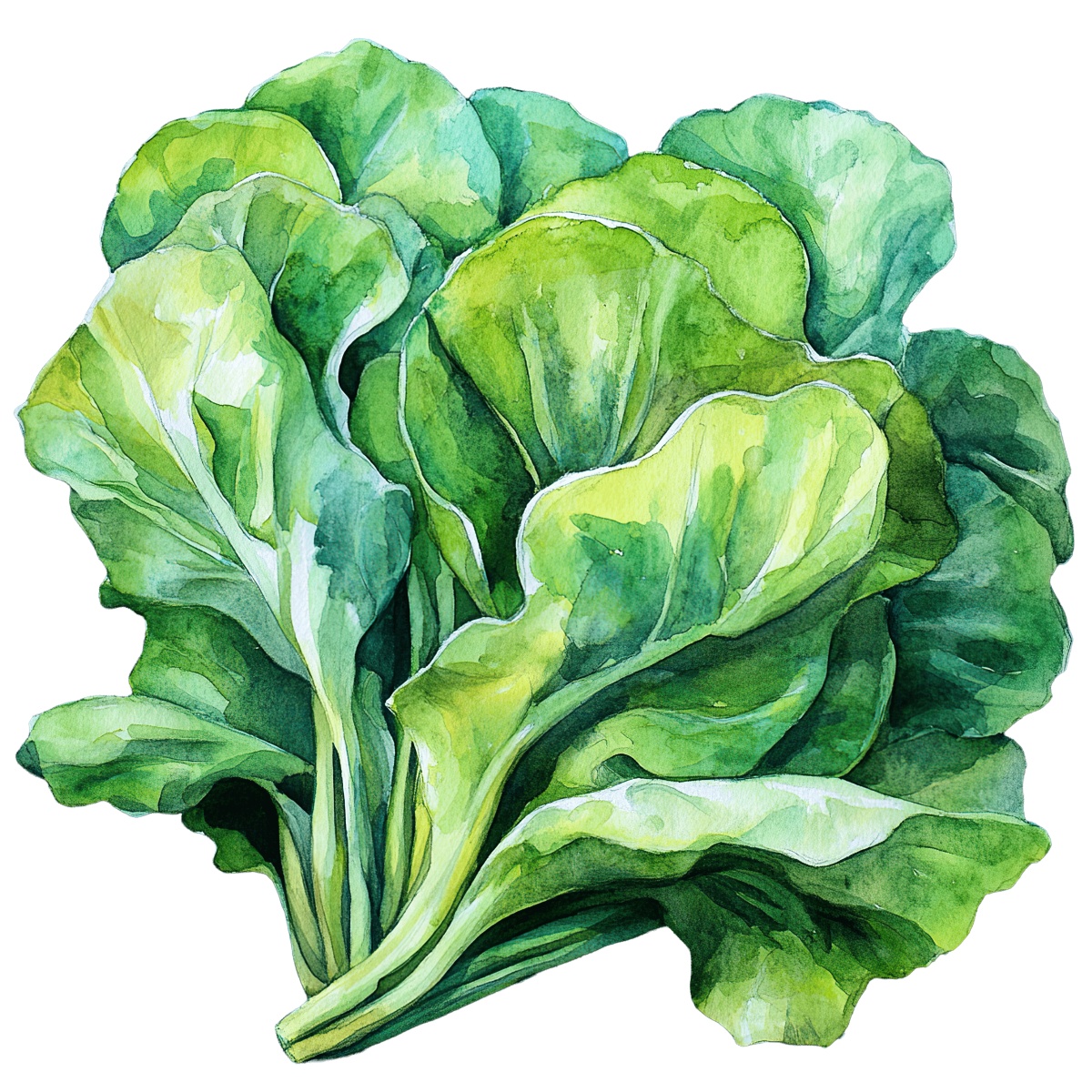 Watercolor mustard greens with detailed green leaves and vibrant texture.
