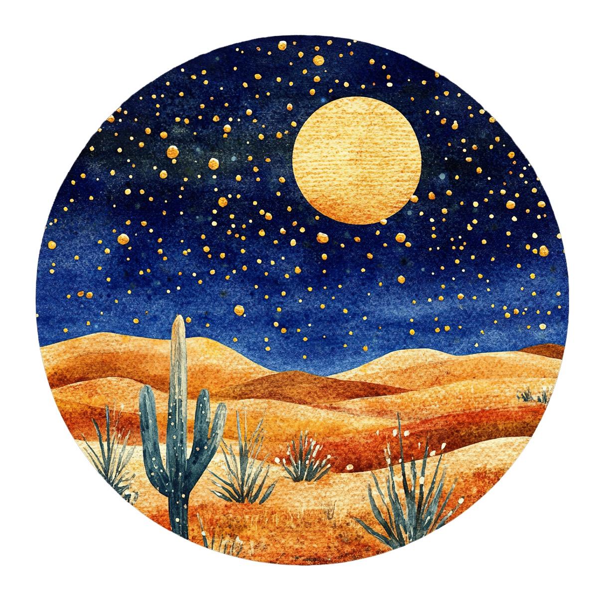 Watercolor illustration of a desert landscape with cacti under a starry night sky.