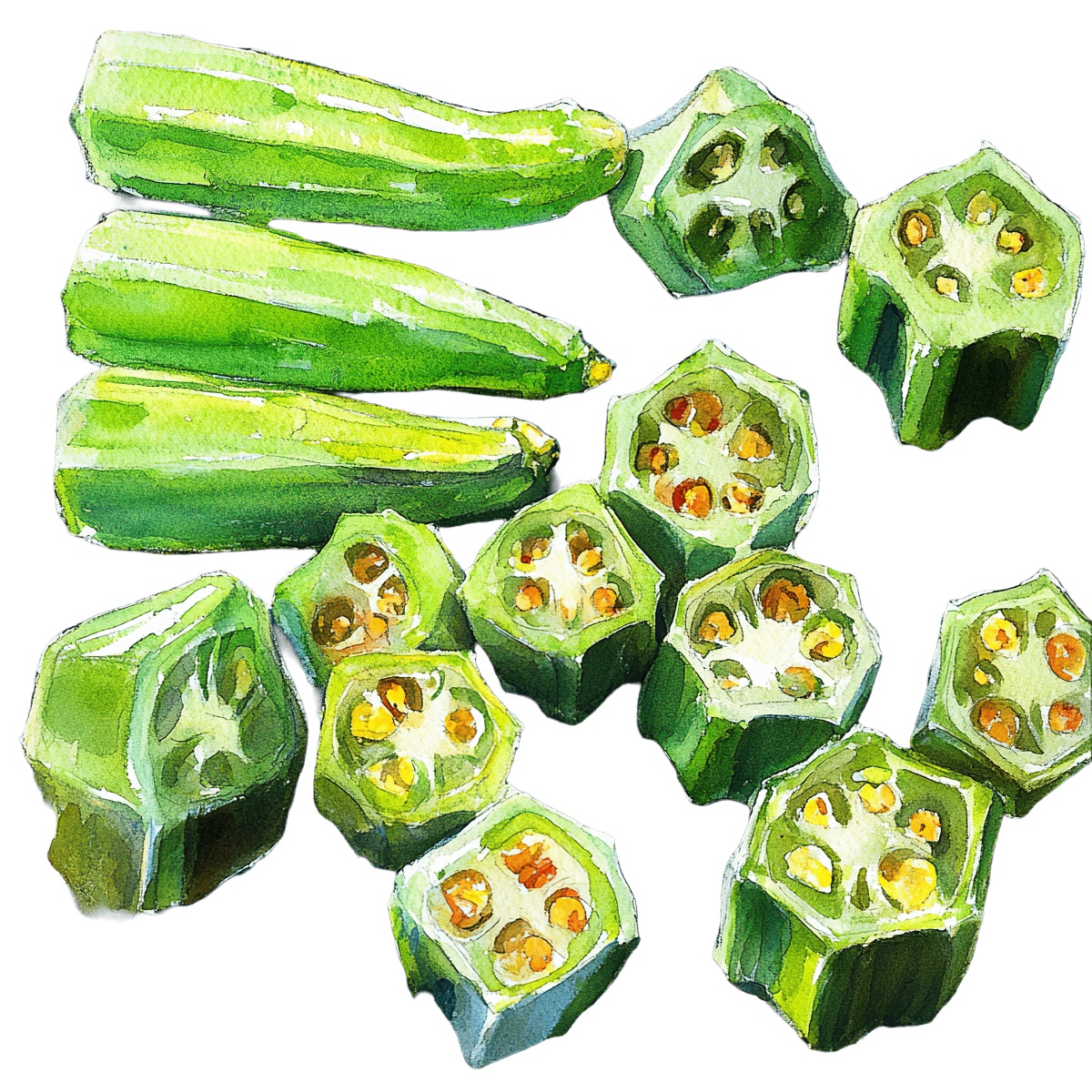 Watercolor art of whole and sliced green okra.