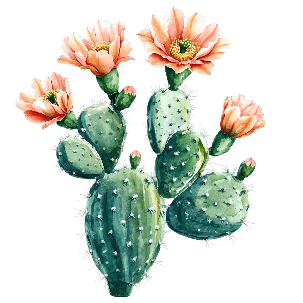 Watercolor illustration of an opuntia cactus with orange flowers and green pads.