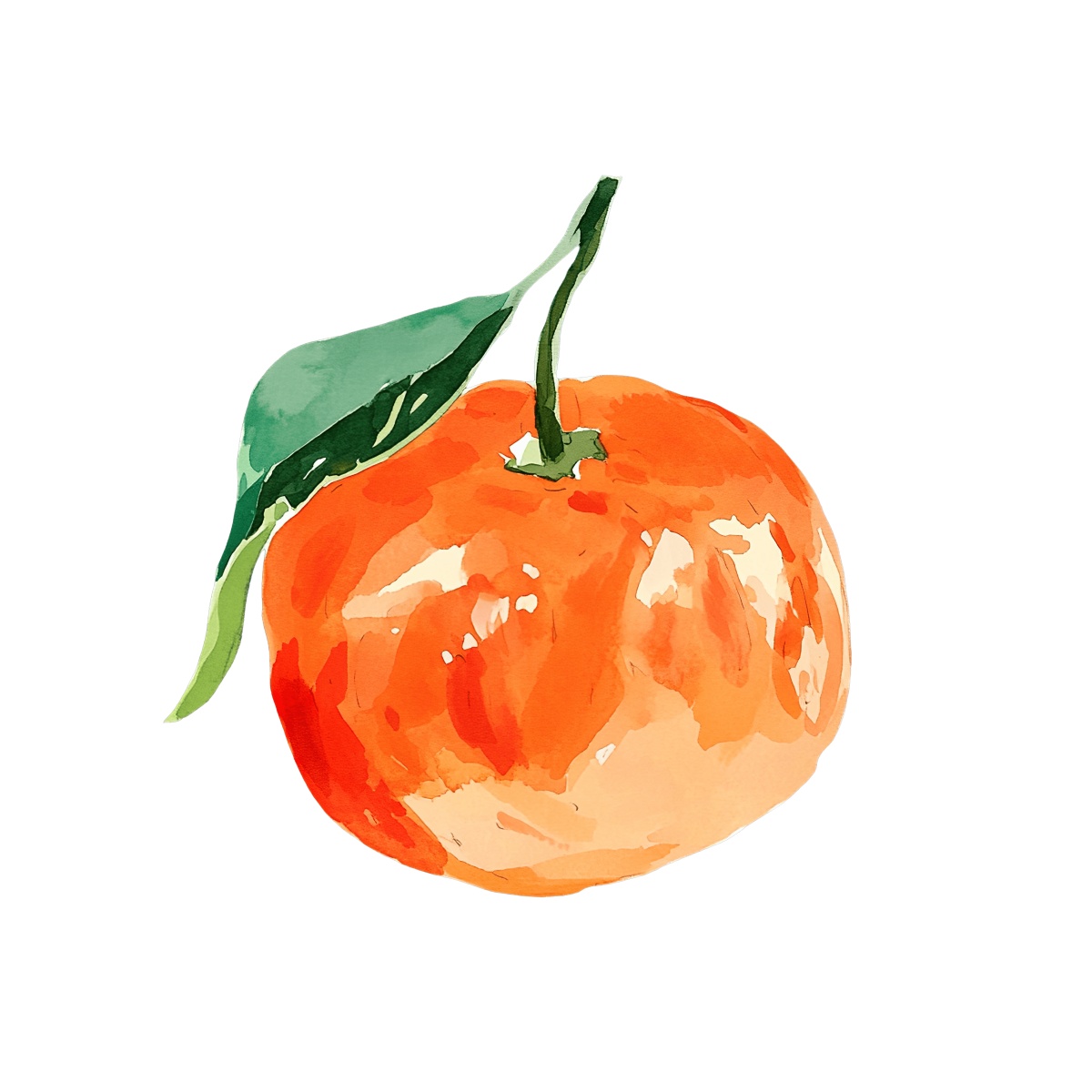 Watercolor painting of an orange with a green leaf on black.