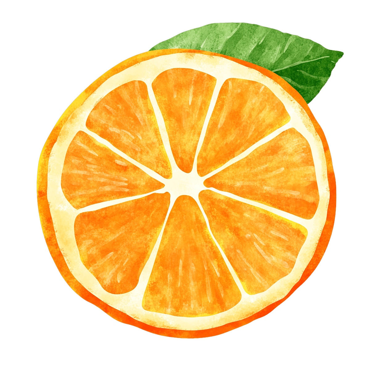 Watercolor orange slice with a green leaf on a black background.