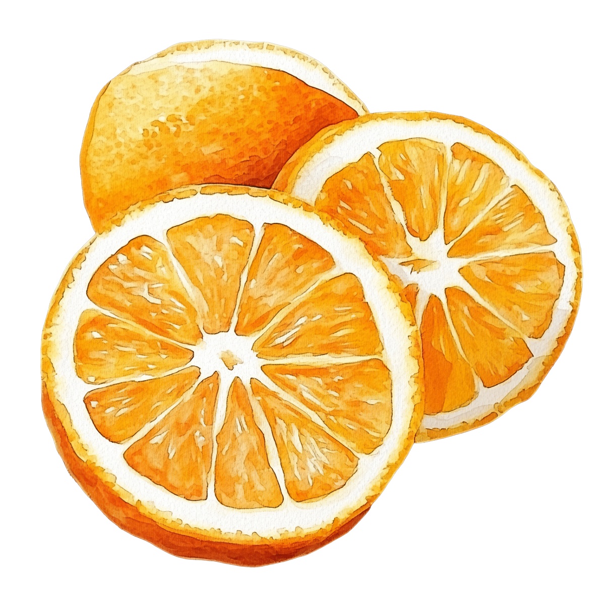 Watercolor orange slices with detailed texture and vibrant colors.