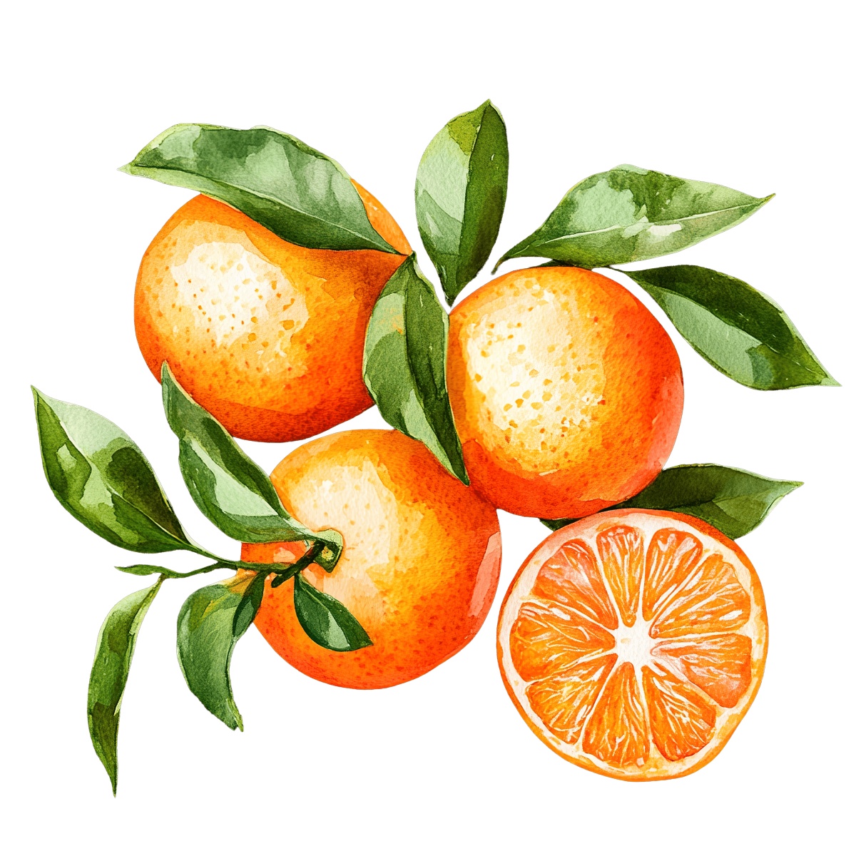 Watercolor art of oranges with green leaves and a sliced section.