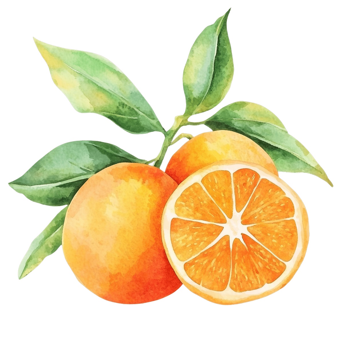 Watercolor oranges with green leaves and a sliced half.