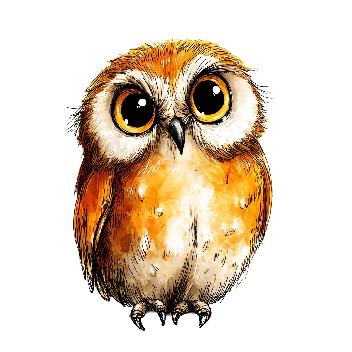 Watercolor owl clipart with orange and brown feathers, large eyes, and black beak.