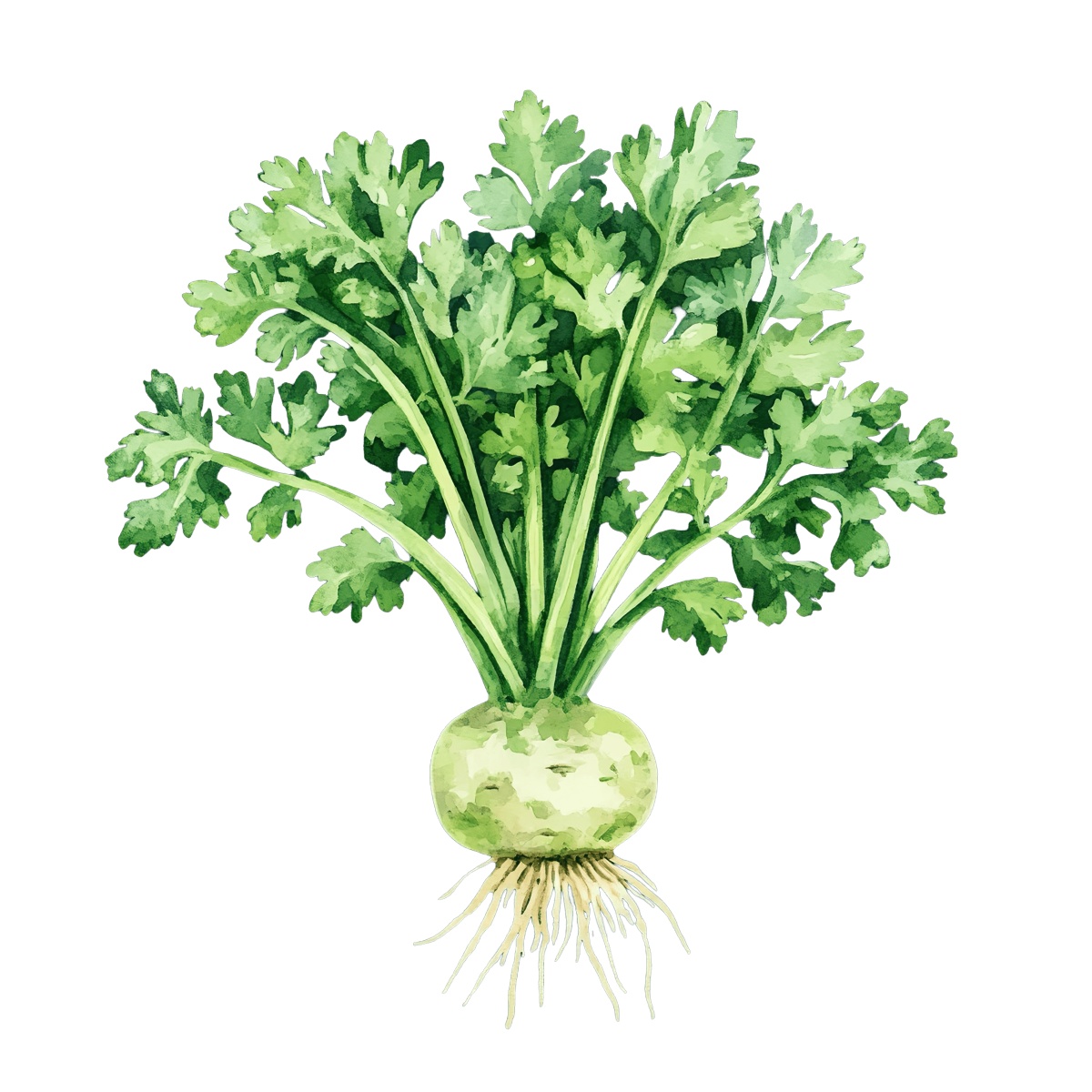 Watercolor parsley plant with roots and green leaves.