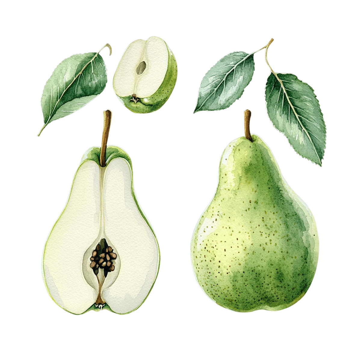 Watercolor pears with leaves and a sliced view.