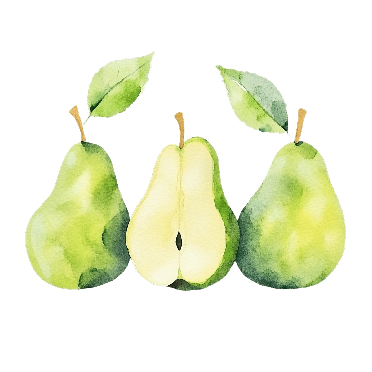 Watercolor pears with leaves and a sliced half in the center.
