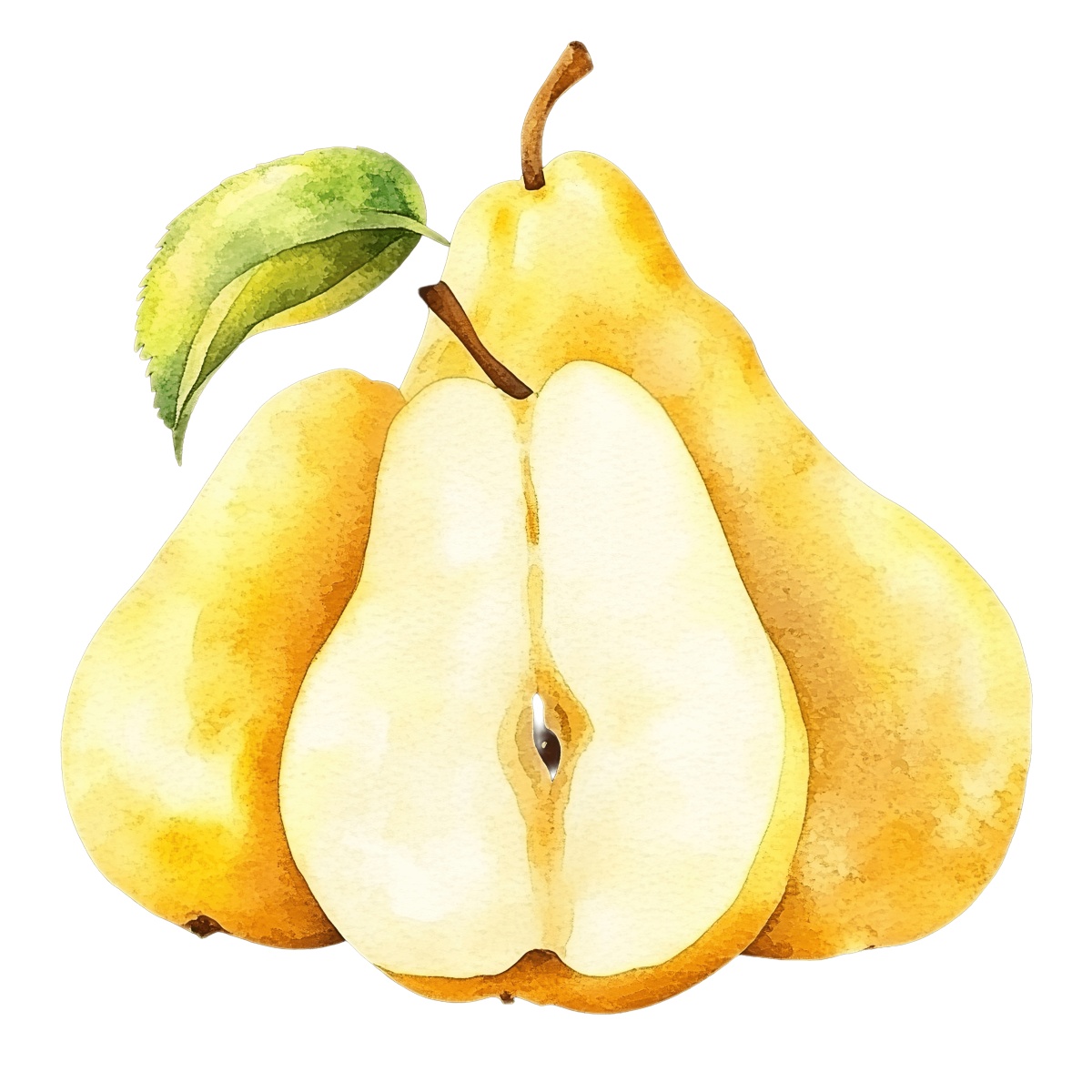 Watercolor illustration of whole and sliced pears with a green leaf.