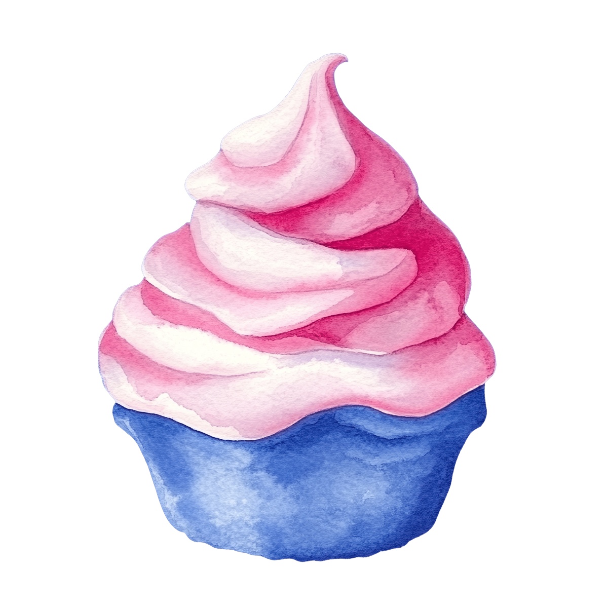 Watercolor ice cream cone with pink and blue swirled design.