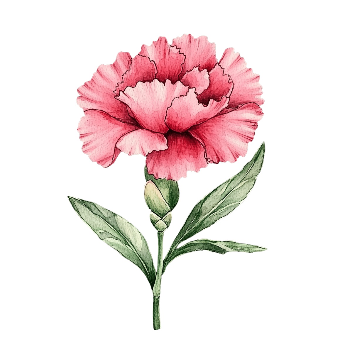 Pink carnation flower and green leaves in watercolor style on black.