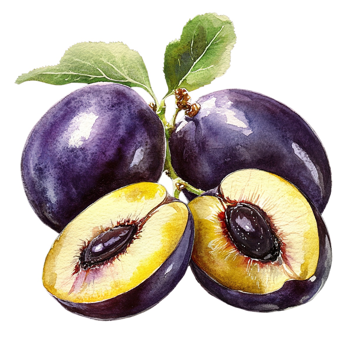 Watercolor artwork of whole and halved plums with green leaves.