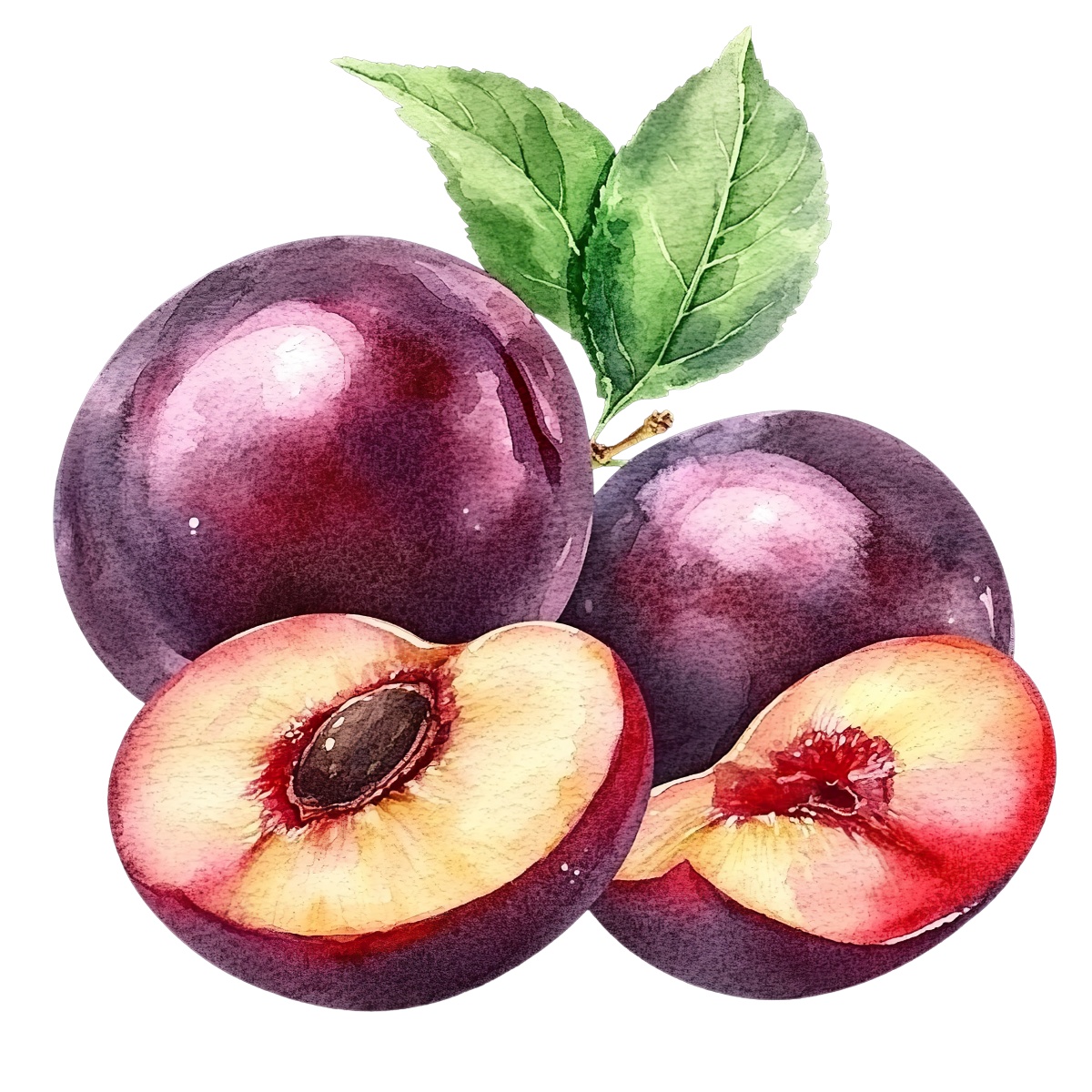 Watercolor art of whole and halved plums with green leaves.