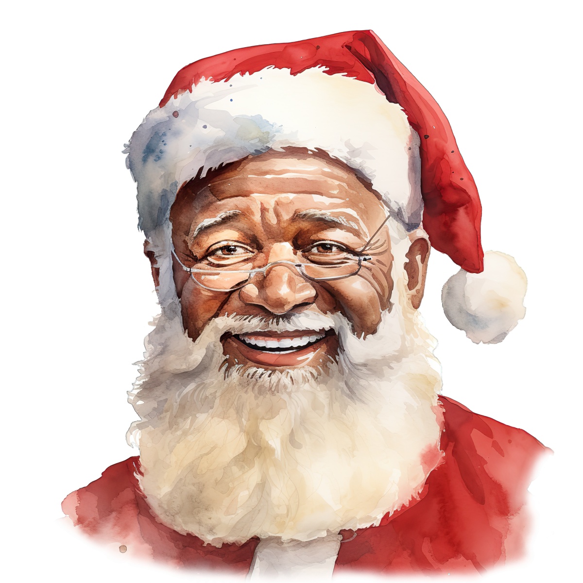 Watercolor portrait of Santa Claus with red hat, glasses, and white beard.
