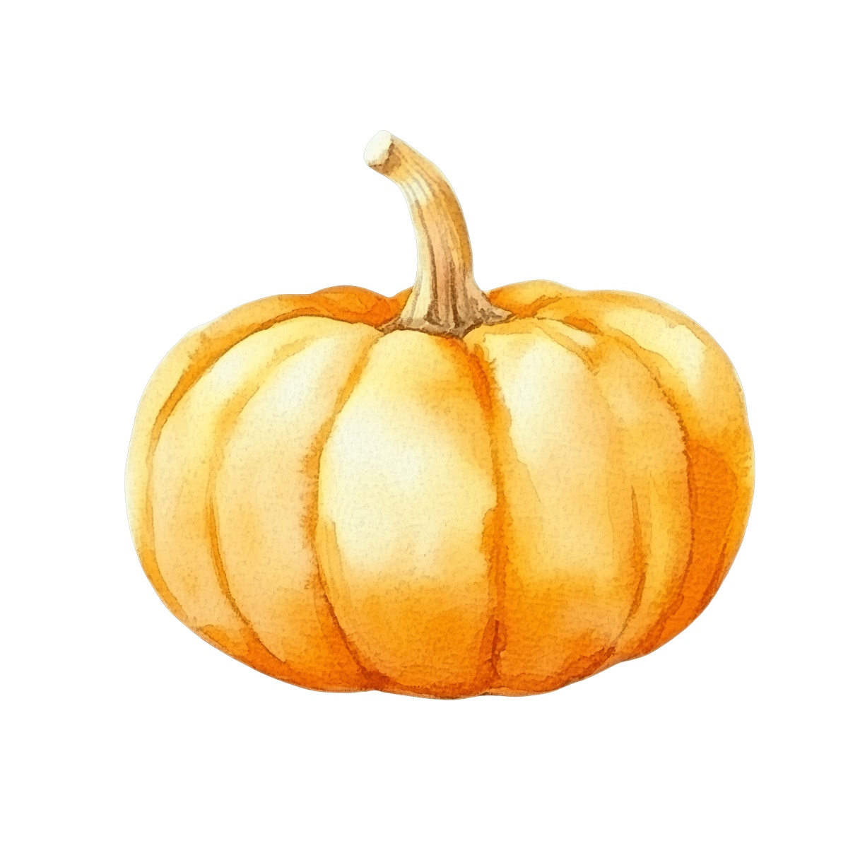 Watercolor pumpkin with stem, suitable for autumn and Halloween designs.
