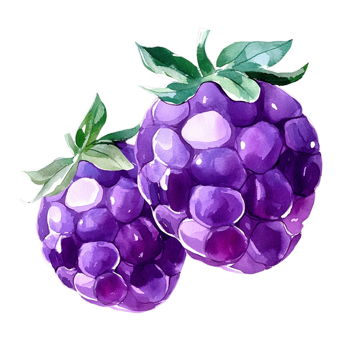 Watercolor art of purple blackberries with green leaves.