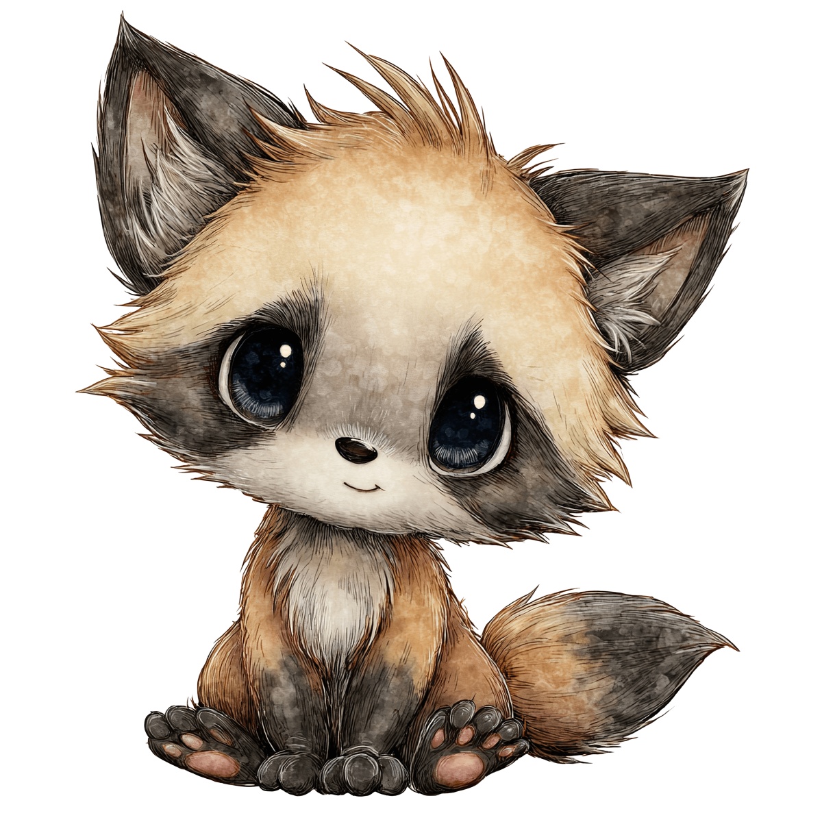 Watercolor raccoon with large eyes, fluffy tail, and detailed fur patterning.