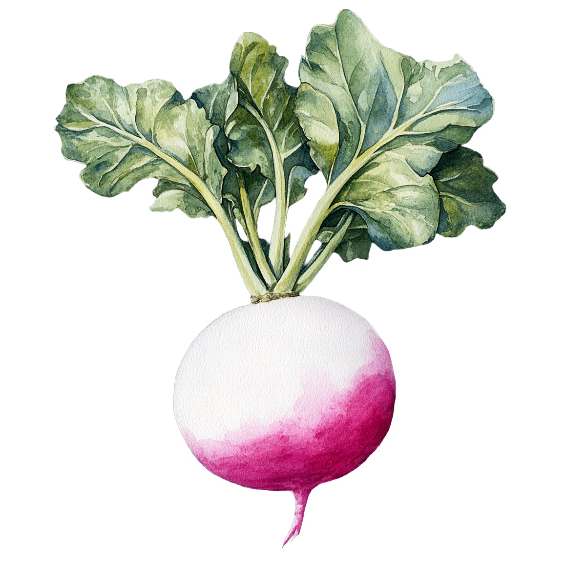 Watercolor radish with green leaves.
