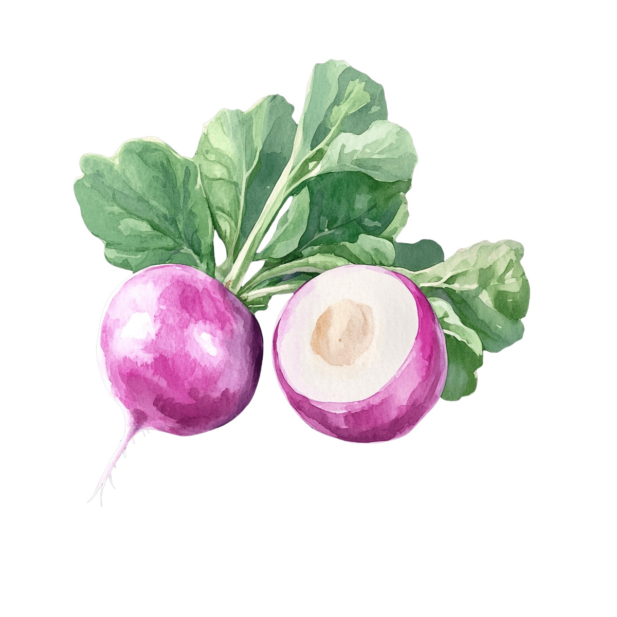 Watercolor radishes with green leaves.