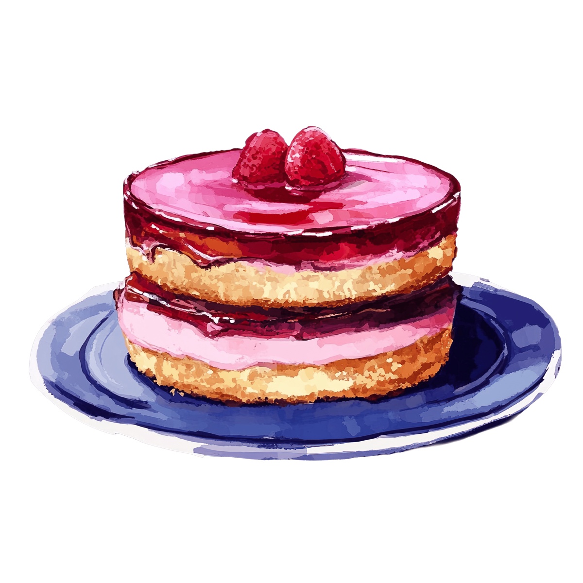 Watercolor art of a raspberry layer cake with pink frosting on a blue plate.