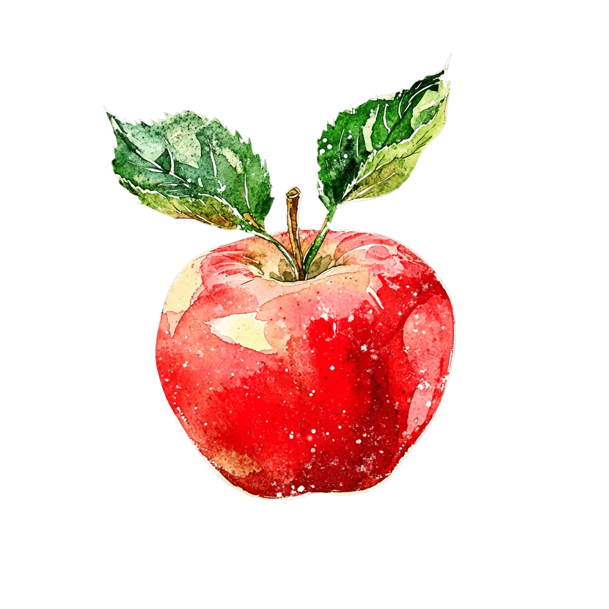 Watercolor red apple with green leaves on a black background.