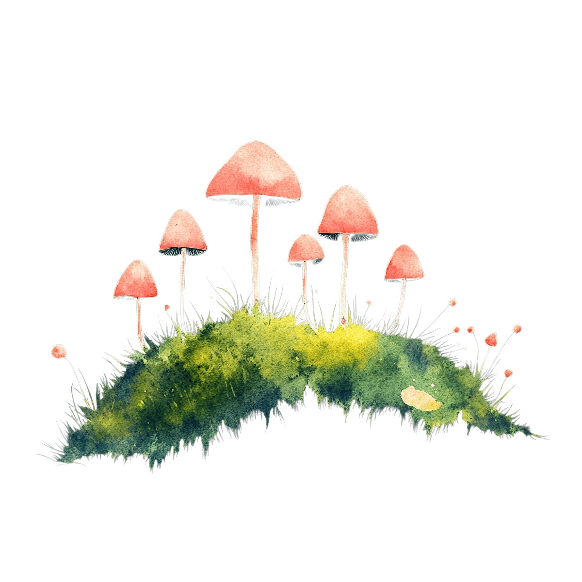 Watercolor illustration of red mushrooms on a green mossy hill.