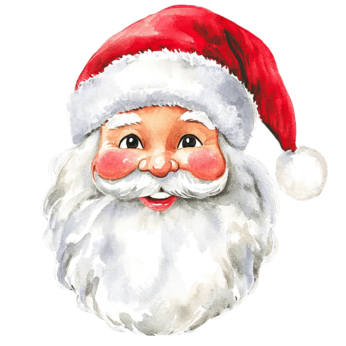 Santa Claus face with red hat and white beard, watercolor style.