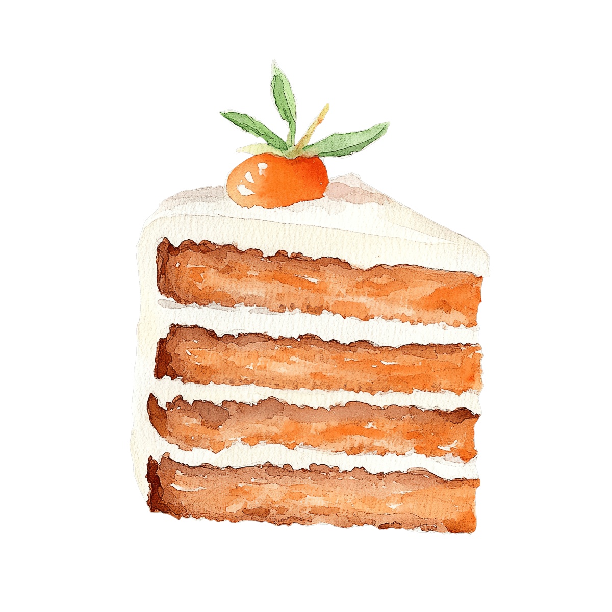 Watercolor art of a carrot cake slice with cream and garnish.