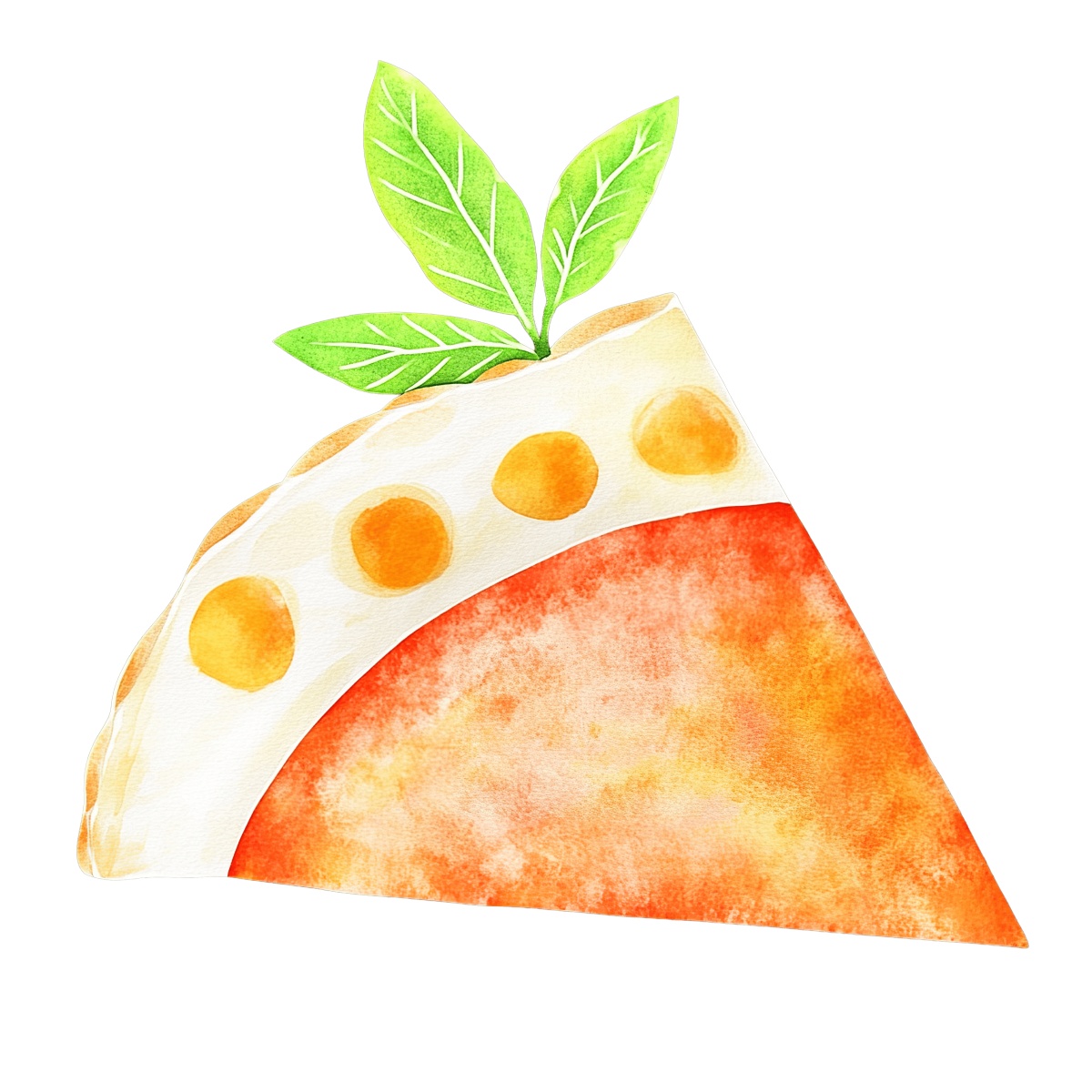 Watercolor pizza slice with green leaves on top, artistic design.