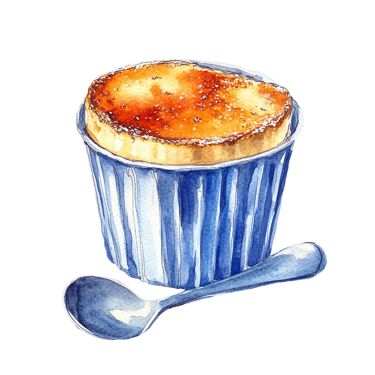 Watercolor art of a soufflé in a blue ramekin with a spoon.