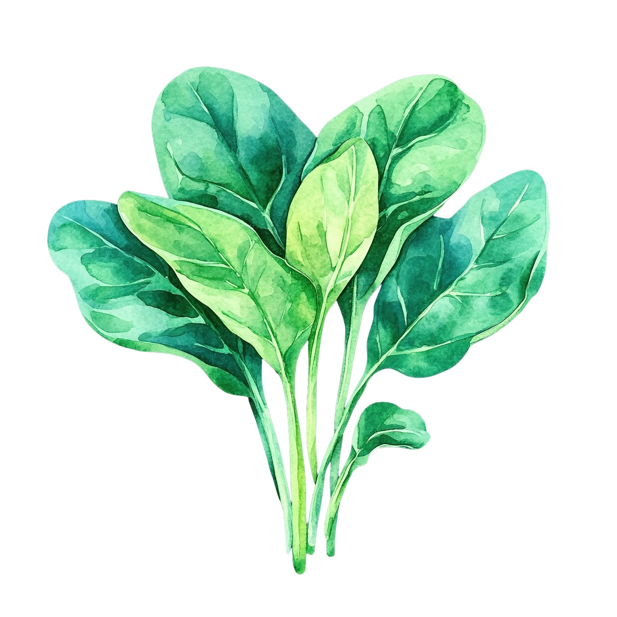 Watercolor spinach leaves with detailed green texture and vibrant hues.