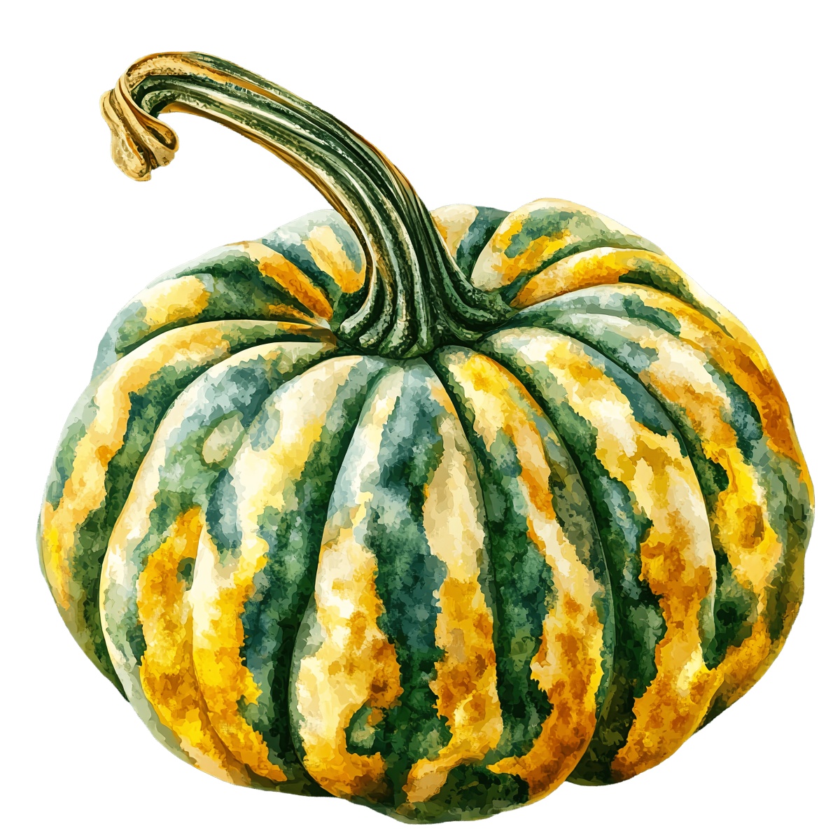 Striped pumpkin in green and yellow watercolor style, showcasing autumn harvest.