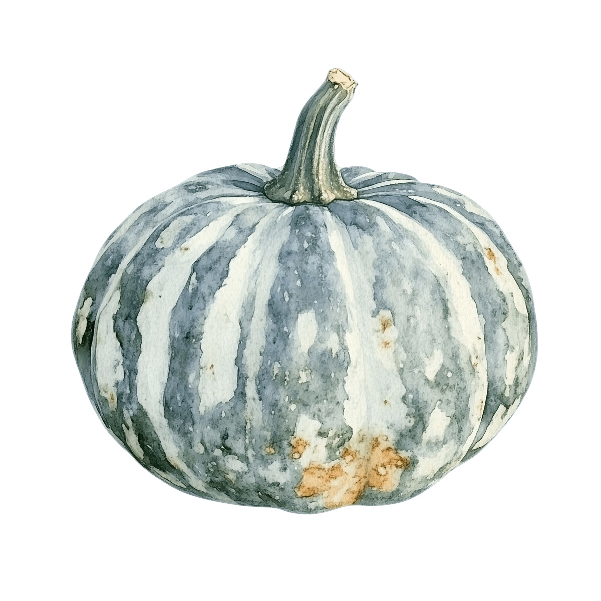 Watercolor striped pumpkin with a natural stem, ideal for autumn themes.