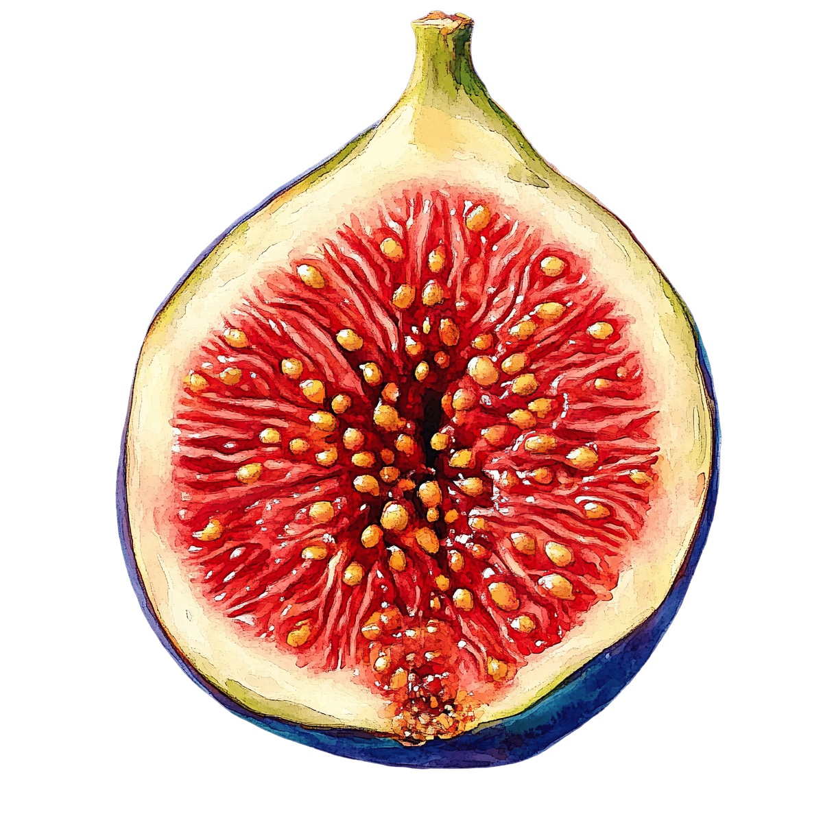 Watercolor style art of a fresh fig cut in half.