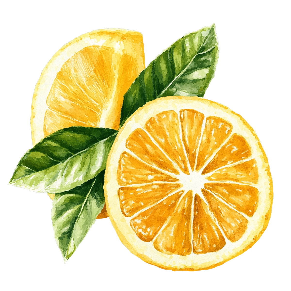 Watercolor style orange slices with green leaves.