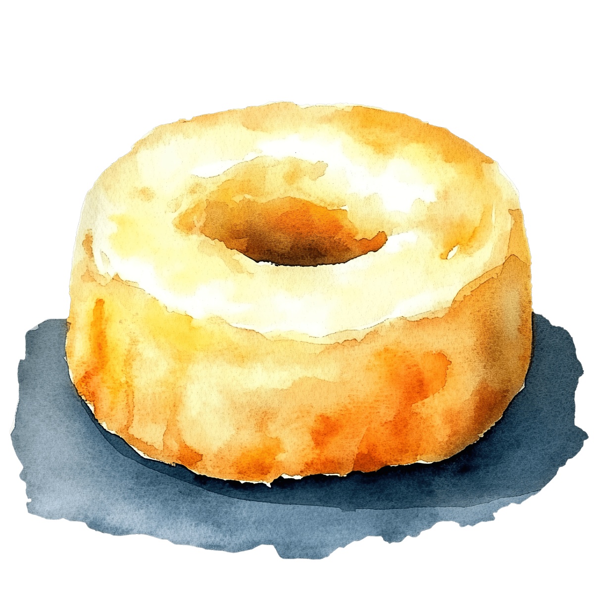 Donut with golden brown texture in watercolor style on a dark surface.