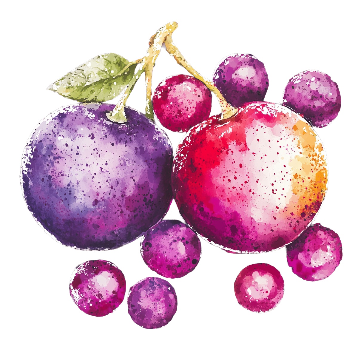 Watercolor style grapes and plums with green leaves depicted.