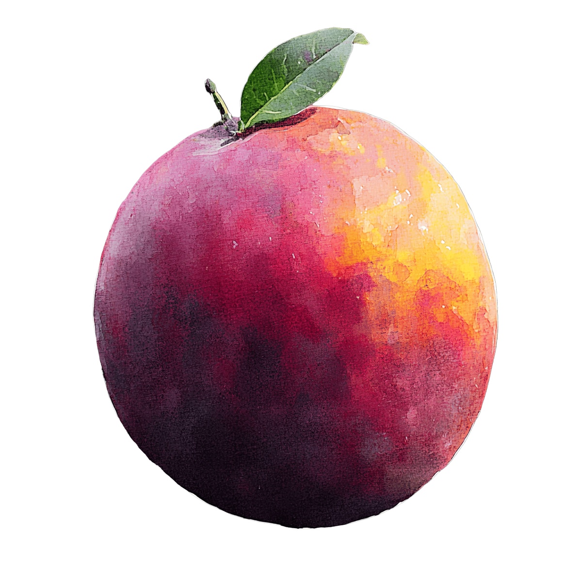 Watercolor style red mango with a green leaf on top.